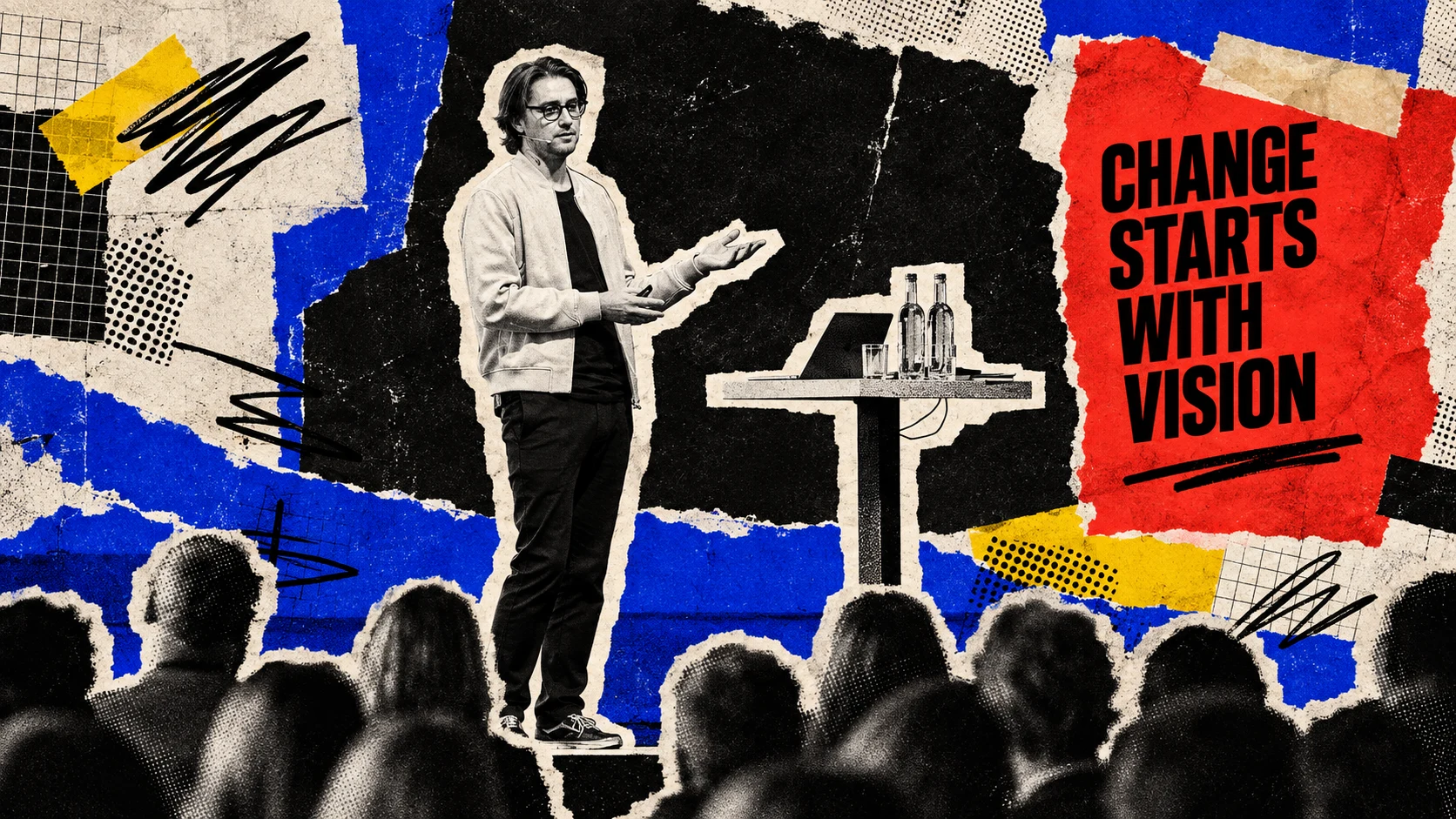 Collage of Robbert van Empel speaking beside a presentation table, with an audience and colourful paper layers.