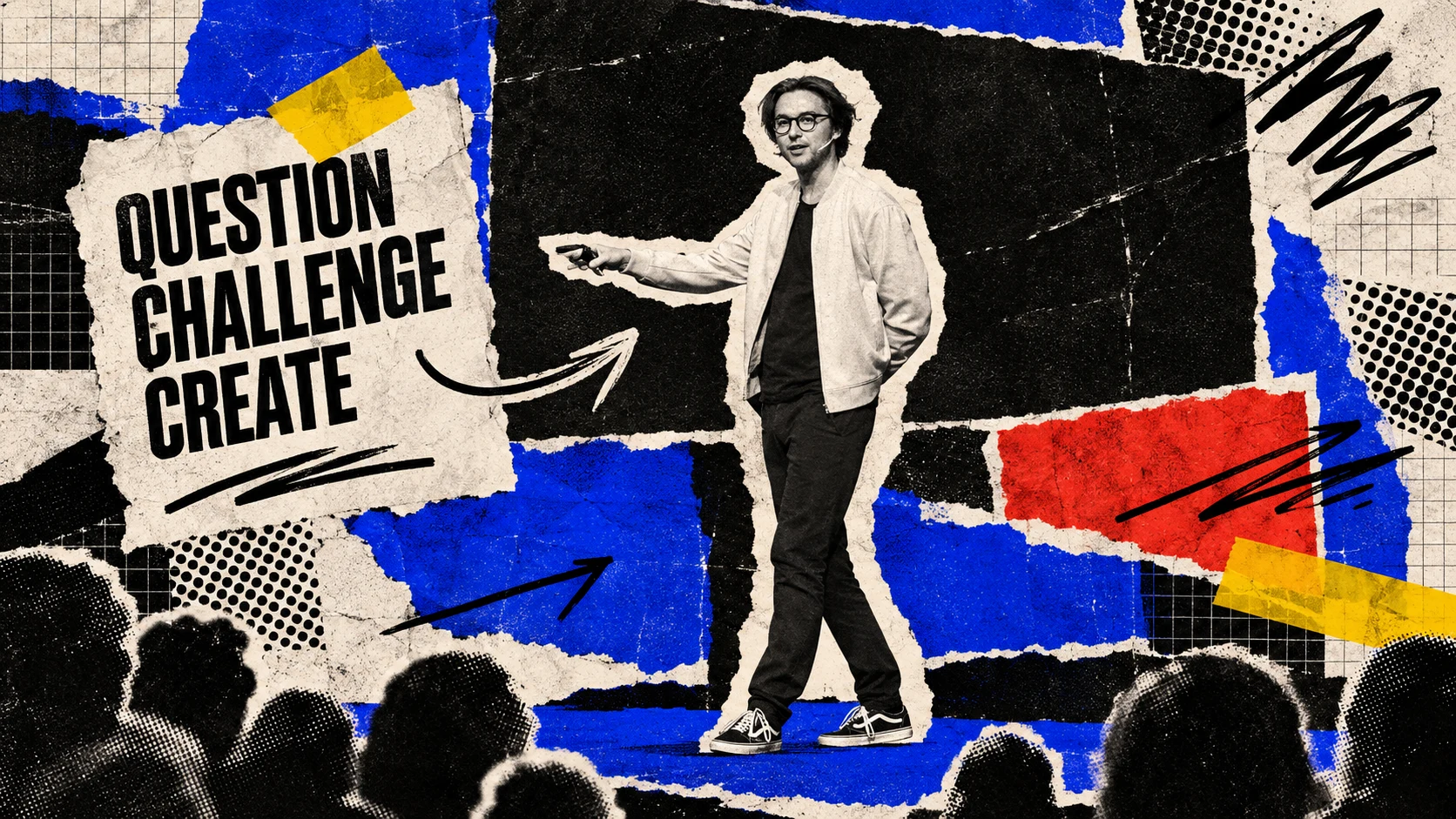 Collage of Robbert van Empel on stage, with torn paper edges and the words Question Challenge Create.