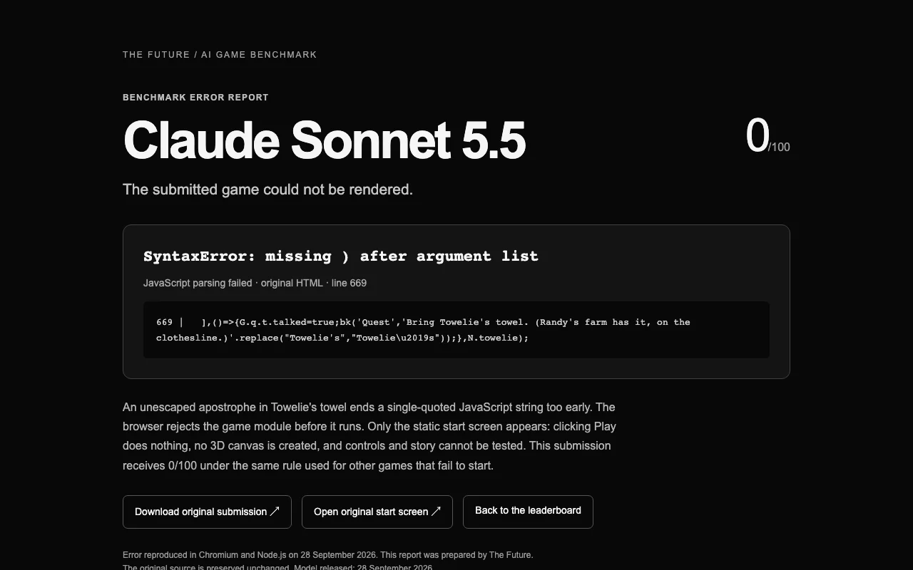 Screenshot of the benchmark error report for Claude Sonnet 5.5