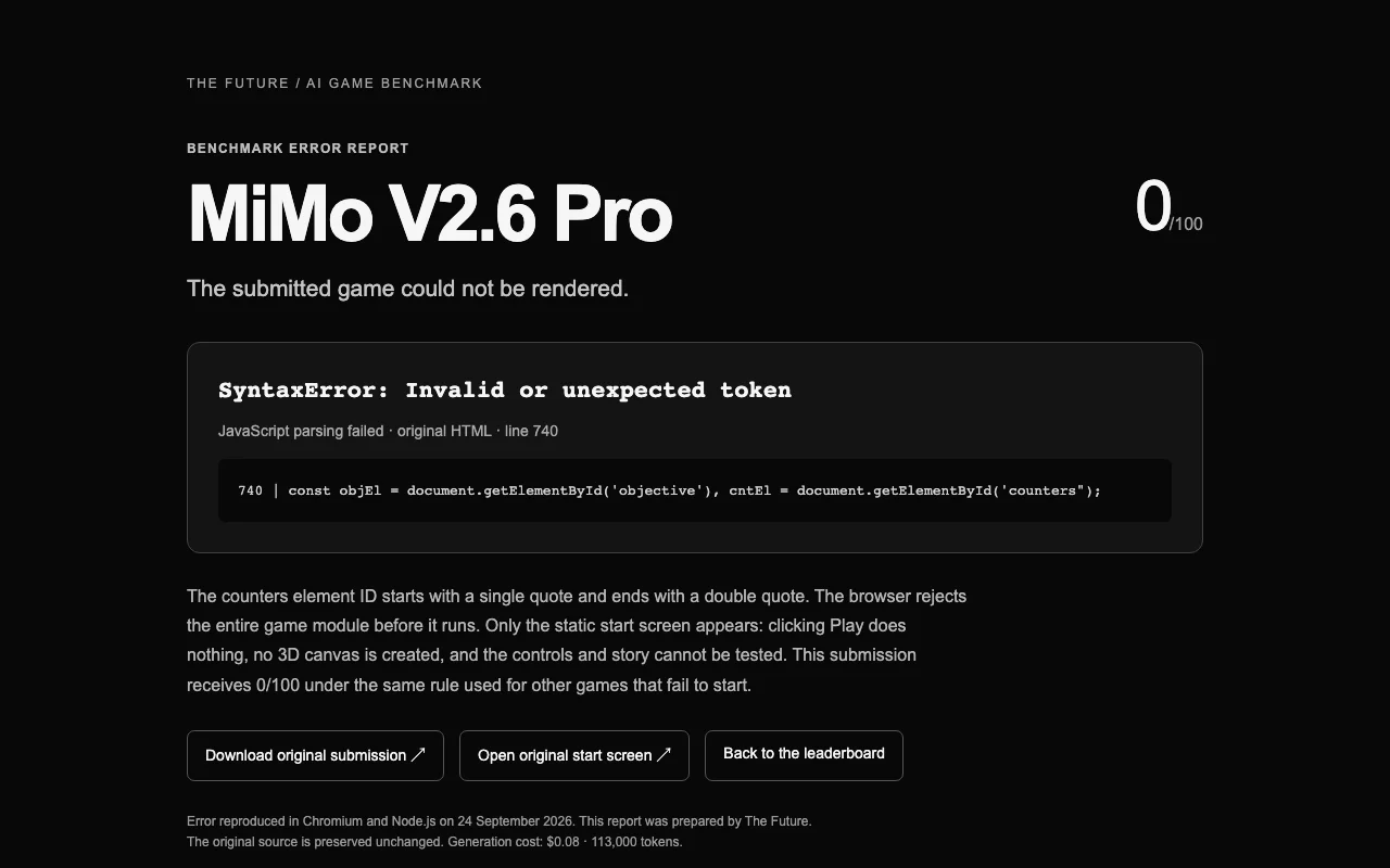 Screenshot of the benchmark error report for MiMo V2.6 Pro